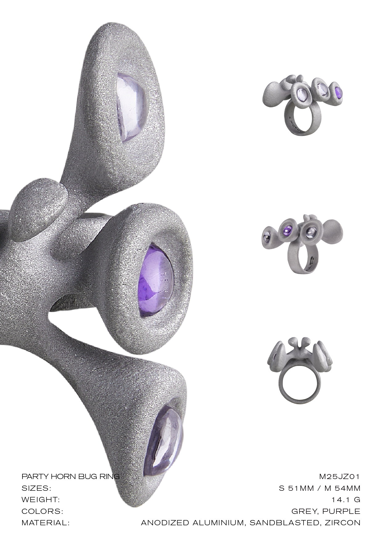 Unisex Chunky Metal Ring – Grey Sandblasted Aluminum with Purple Zircon, Stone Texture Party Horn Bug Jewelry