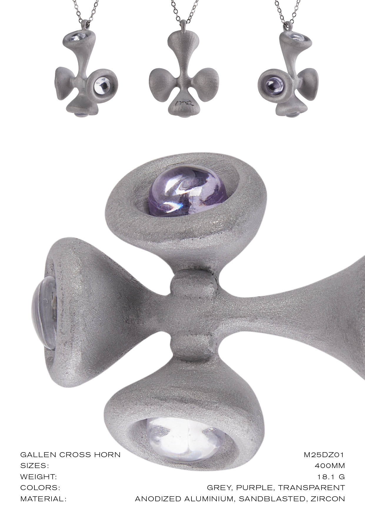 Stone Texture Cross Pendant – Grey Anodized Aluminum Necklace with Zircon Crystal Accents