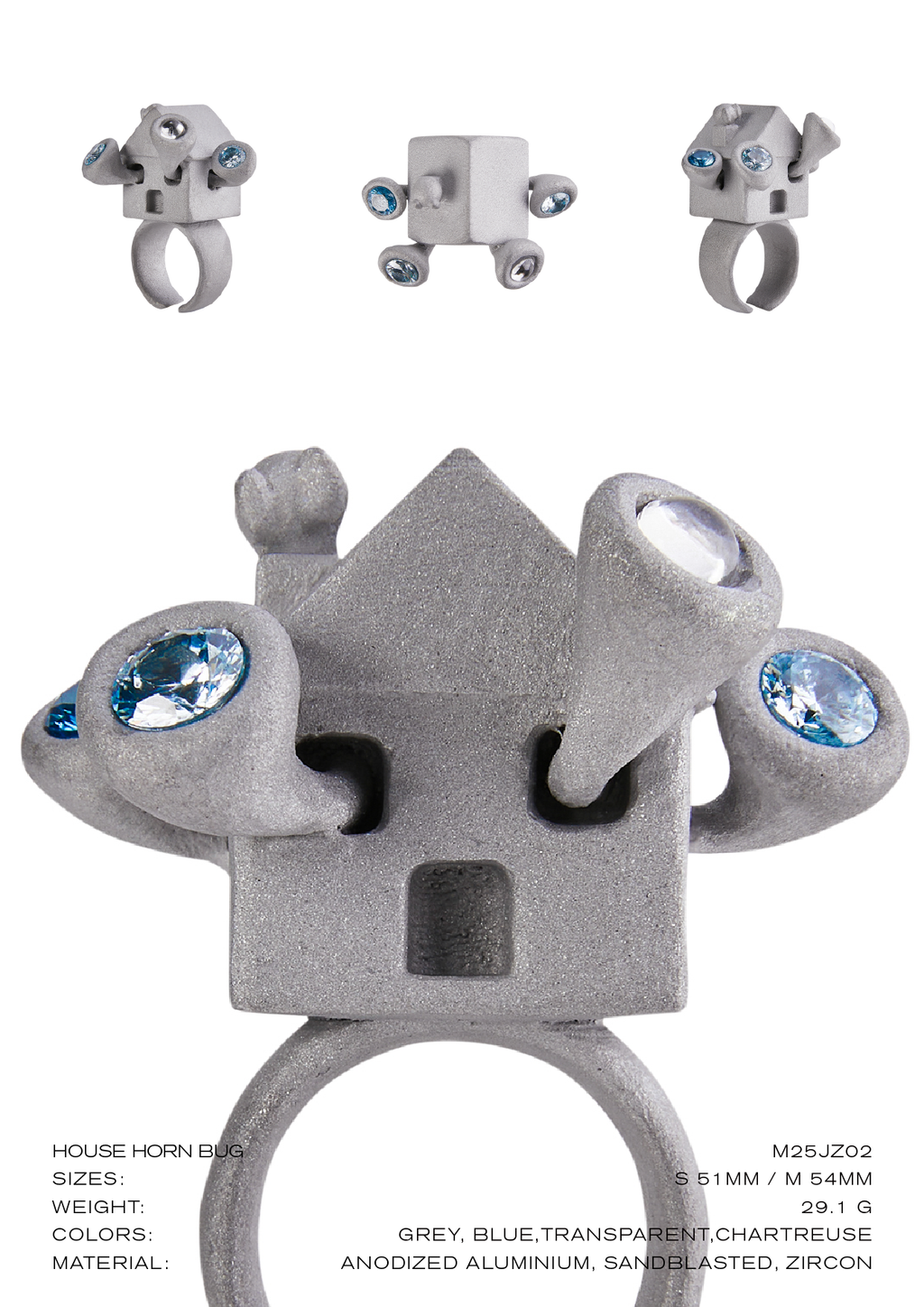 Stone Texture Metal Ring – House Horn Bug Design, Aluminum with Blue Zircon
