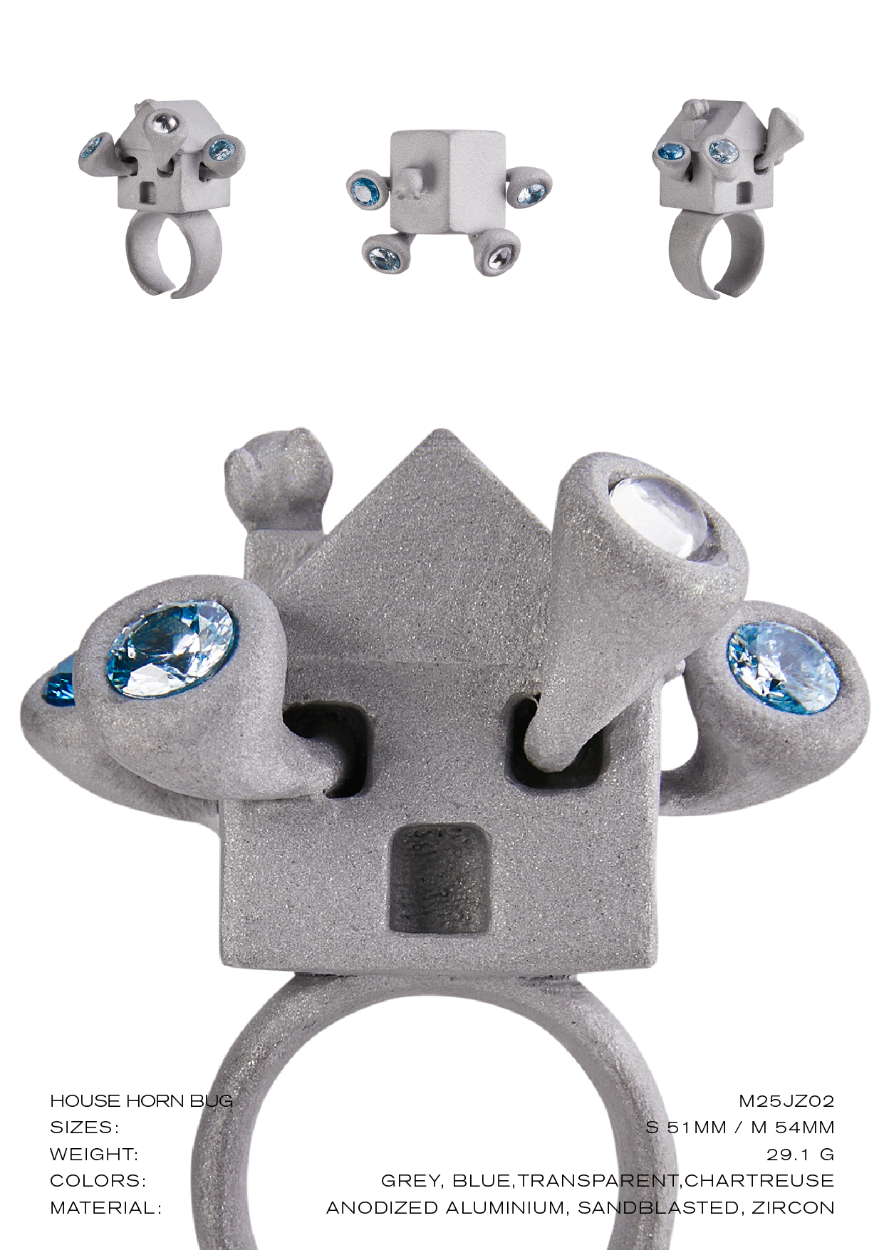 Stone Texture Metal Ring – House Horn Bug Design, Aluminum with Blue Zircon
