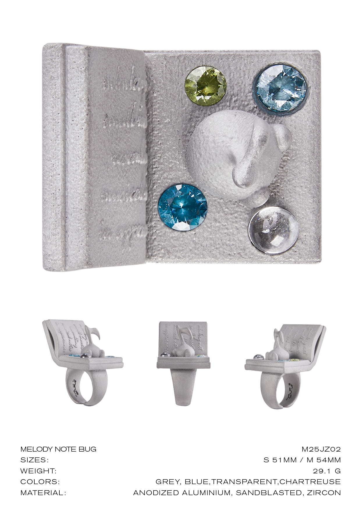 Stone Texture Melody Note Bug Ring – Grey Anodized Aluminum with Zircon Gems