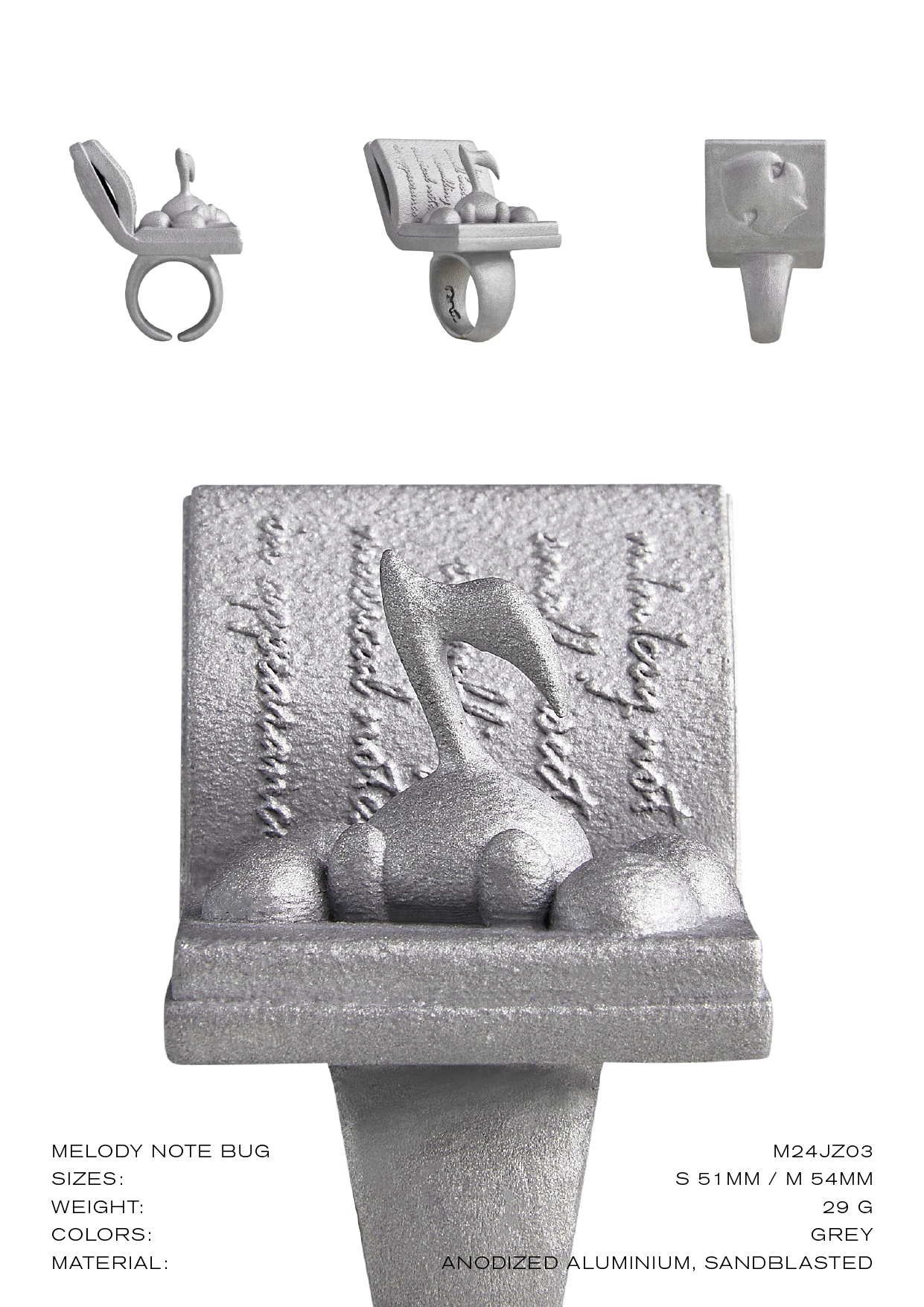 Stone Texture Metal Ring – Melody Note Bug Design, Grey Aluminum