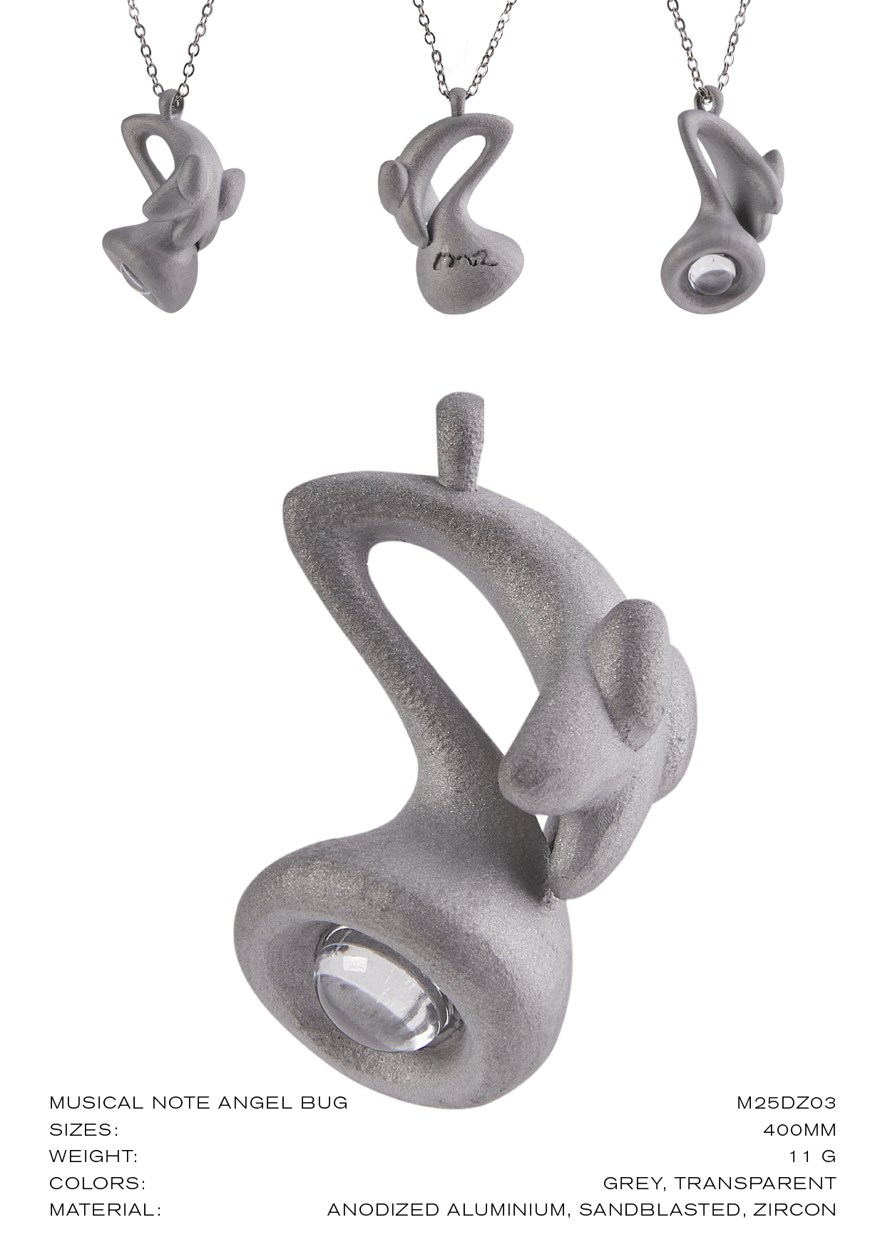 Stone Texture Musical Note Pendant – Grey Anodized Aluminum Necklace with Zircon Crystal
