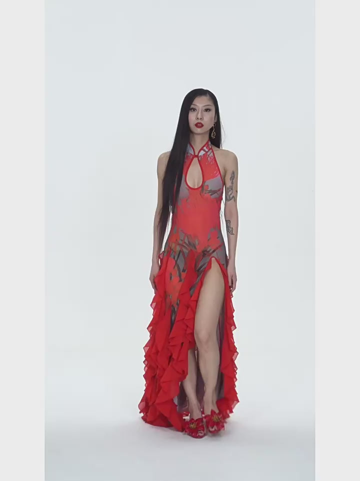 The Crimson "Metamorphosis" Neo-Chinese Ruffled Gown